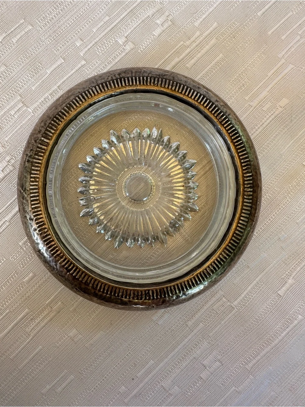 Vintage Glass Ashtray with Silver-Tone Metal Rim 3.75”